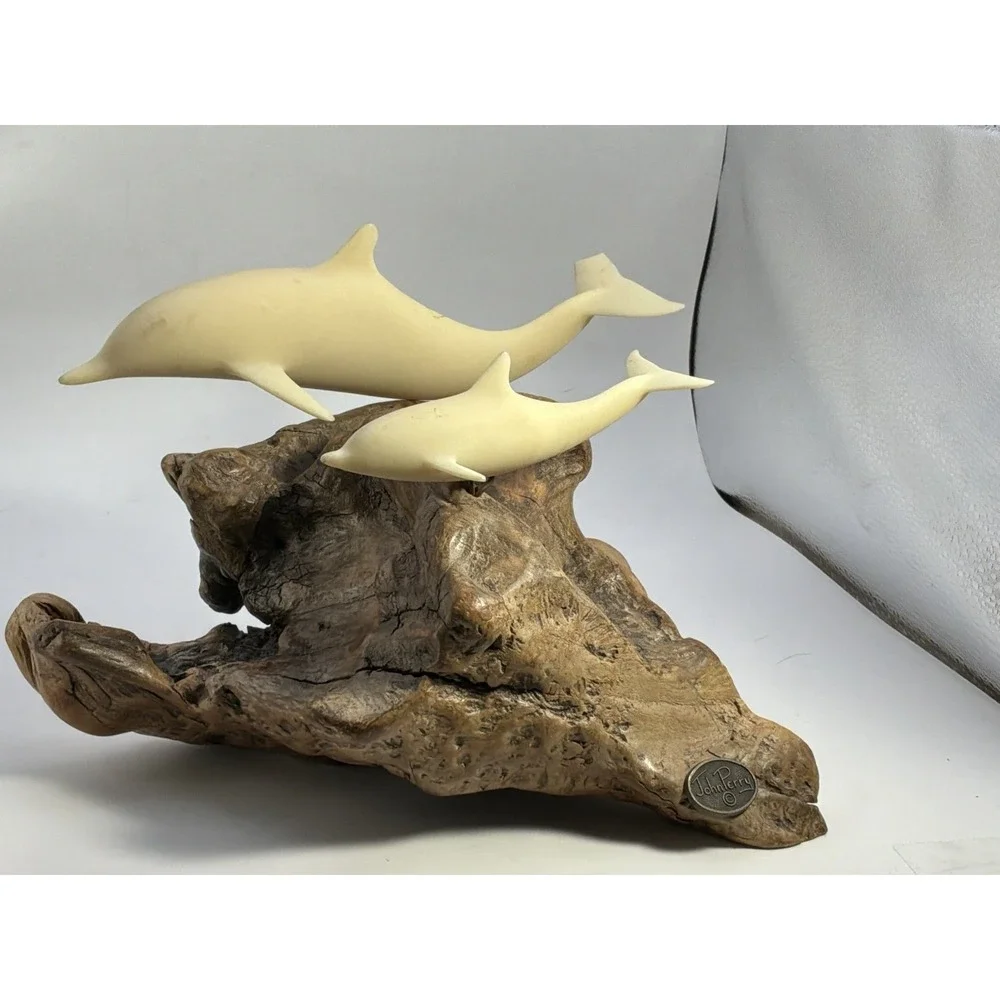 John Perry Parent & Baby Dolphin Sculpture On Burl Wood OnHas Broken Tail Shark?